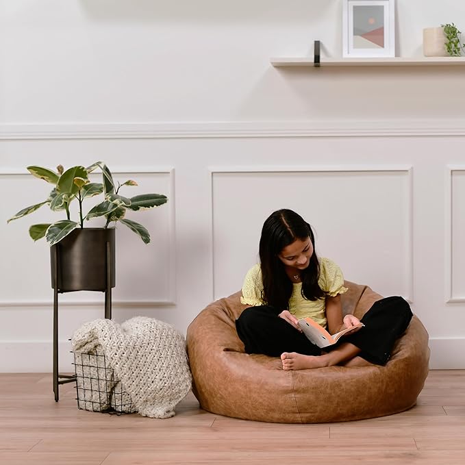 Factory Direct Partners 35" Rustic Western Bean Bag Chair; Distressed Faux Leather, Low to Ground for Reading, Playing Video Games and Relaxing; Flex Seating for Home and School - Pecan, 10478-321