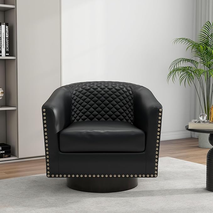 DREAMSIDEA Swivel Barrel Accent Chair, Comfy Modern Upholstered Round Faux Leather Arm Chair for Living Room, Bedroom（Black, Set of 1