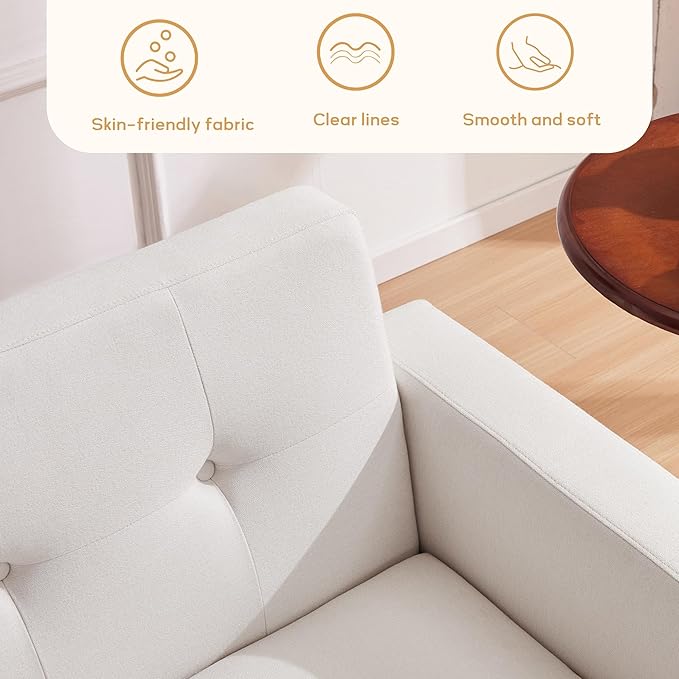 HUIMO Fabric Accent Chair, Mid Century Modern Arm Chair Button Tufted Living Room Chairs Easy to Install, Upholstered Comfy Sofa Chair for Bedroom Study Office Reading Corner (White)