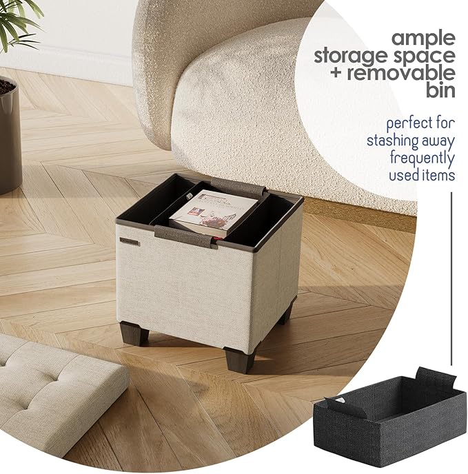 Storage Ottoman Cube with Small Bin, 16-in Square Ottoman with Storage for Living Room and Bedroom, Small Ottomans Foot Rest, Fabric Foot Stools Ottomans Max 330lbs, Beige