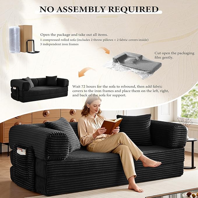 Chorlenimi Boneless Couch Futon Sofa Bed Sectional Couches for Living Room,Cloud Couch with Sleeper Sofa,Sofas for Living Room Oversized Corduroy Upholstered (Black, 81 Inches (with Iron Frame))