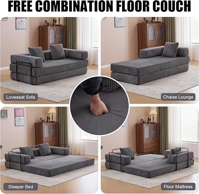 77" Convertible Foldable Floor Couch, 3-Seat Futon Sleeper Sofa for Living Room, Bedroom, or Apartment, with Pillow Backrest and Armrests, Corduroy Fabric, No Assembly Required, Dark Grey