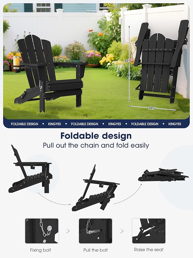 KINGYES Folding Adirondack Chair Set of 4, HDPE All-Weather Patio Chairs with Cup Holder, Wooden Textured Fire Pit Chairs for Poolside, Backyard, Deck, Black