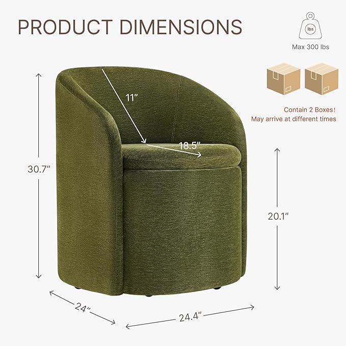 Upholstered Dining Chairs with Casters, Rolling Modern Dining Room Chairs with Hidden Storage & Barrel Backrest, Easy Assembly Accent Chair for Bedroom, Living Room, Dressing, Green Fabric,2PCS