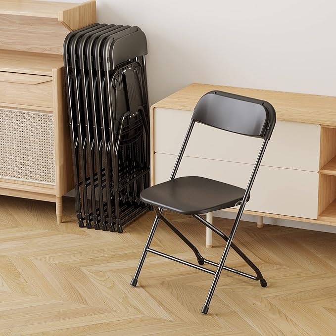 Allpop 6 Pack Plastic Folding Chair, 300lb Capacity, Portable Commercial Chair with Steel Frame for Home Office Wedding Party Indoor Outdoor Events, Stackable, Black