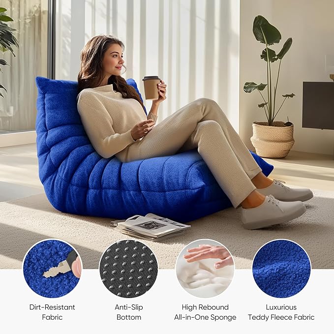cebihy Premium Quality Fireside Togo Sofa Bean Bags Chair for Adults Giant BeanBag Chairs Floor Couch for Living Room Bedroom Dorm Office, Compression Togo Couch, No Assembly Required, Bright Blue