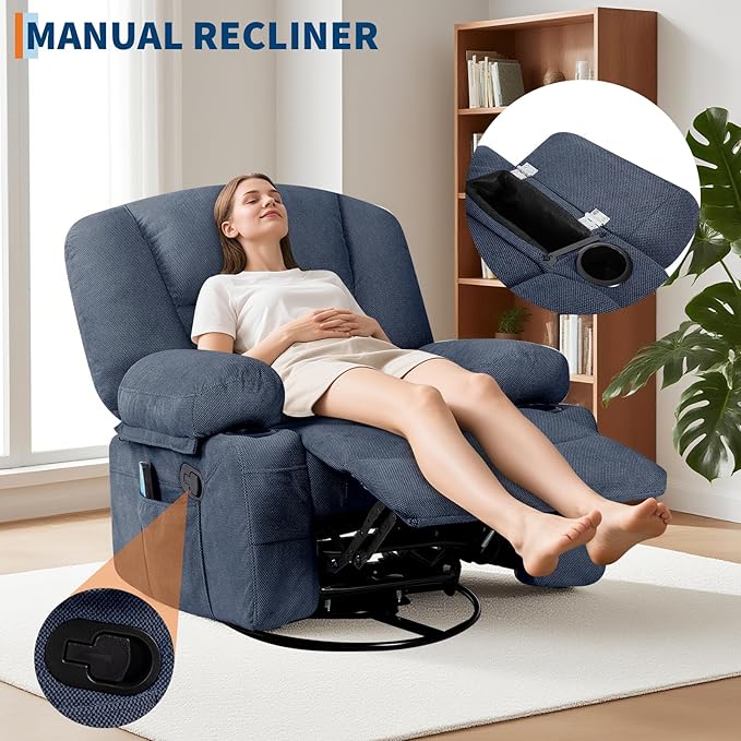 Rocker Recliner Chairs for Adults w/Vibration Massage and Heating,360° Swivel Rocker Glider Recliner,Extra Wide Manual Lazy Chair,Chenille Fabric Sofa Chair for Living Room,Bedroom,Blue