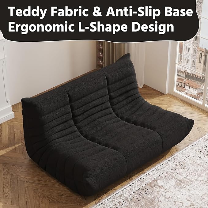Bean Bag Chair Lazy Floor Sofa, Giant BeanBag Fireside Chair with Memory Foam Filled, Soft Bean Bag Comfy Couch for Teens Adults, Non-Slip Base Lounge Chair, Living Room, Bedroom (Black, Loveseat)