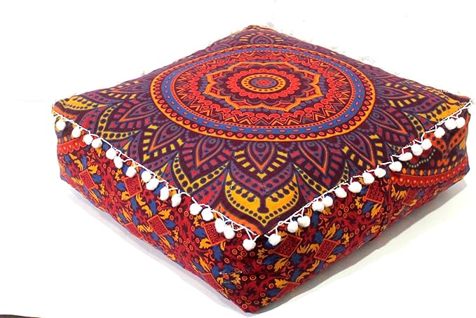 CRAFT KALA Large Hippie Mandala Meditation Floor Ottoman Pillow Cushion Pouf Cover Square Poufs Bohemian Circle Floor Cushion Case Outdoor Fireplace Yoga Living Room Decor Cover New Orange, 16" Square