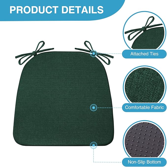 Chair Cushions for Dining Chairs Set of 4, Non Slip Kitchen Chair Pads, 17" x 16" x 2", Indoor Dining Chair Cushions with Ties, D-Shaped Seat Cushions for Kitchen Chairs, Dark Green