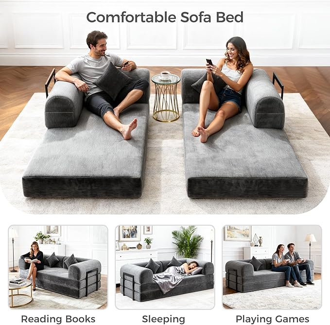 HipyMo 4-in-1 Folding Convertible Sofa Bed, 78 Inch Boneless Couch with Fixed-Shape Frame, Loveseat Sleeper with Pull Out Bed, Floor Sofa Modular Futon Couch for Living Room Bedroom Lounge (Gray)