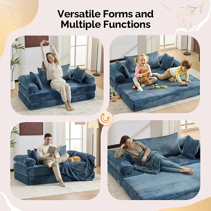 VINGLI Convertible Futon Sofa Bed, Upholstered Corduroy Boneless Couch King Size Floor Loveseat Sleeper Sofa with 2-in-1 Throw Pillow, Couches for Living Room, Bedroom, Lounge, Navy Blue