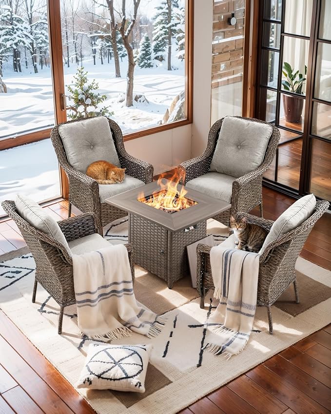 ACTREST Outdoor Patio Chairs with Fire Pit Table 5 Piece Set - High Back Brown Wicker Rattan Lawn Chair with Thick Cushion for Porch Apartment Deck Yard Poolside Garden - Beige