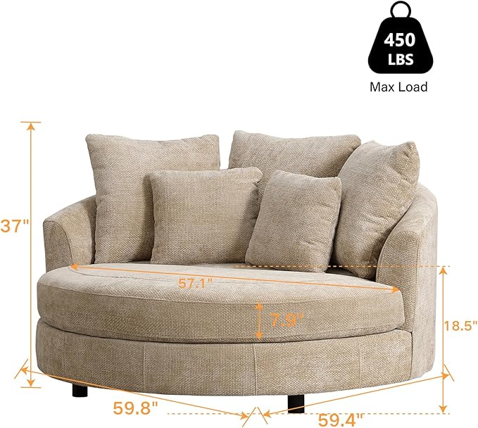 Chifee & Vingol 59.8" W Oversized Accent Barrel Chair Large Round Chair with Wheels,Wheat