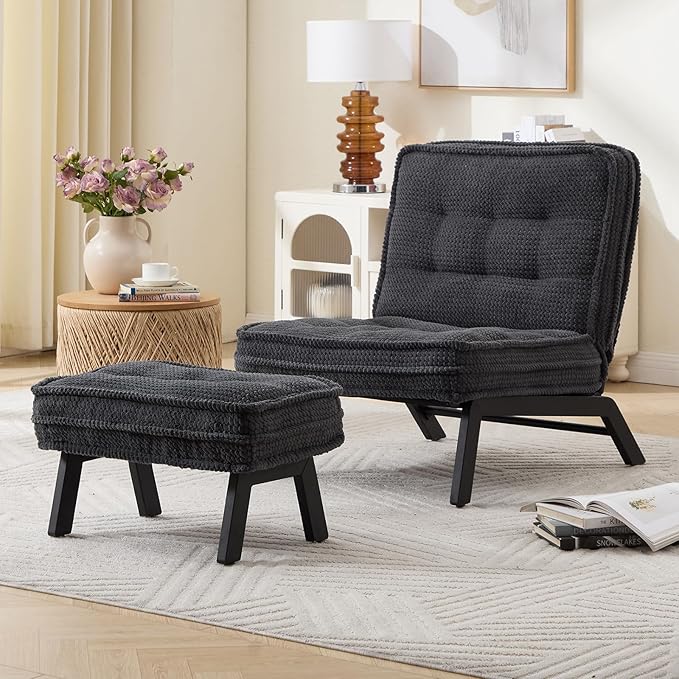 ANJ Accent Chair with Ottoman Adjustable Backrest, Living Room Chair Tufted Upholstered Lounge Chair with Footrest Set, Modern Chair Cozy Reclining Chair for Reading Room Bedroom
