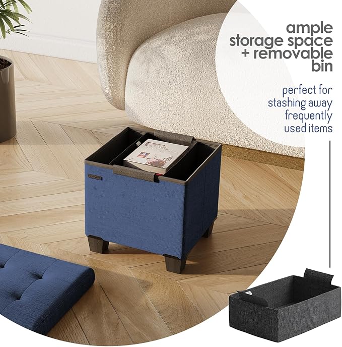 Storage Ottoman Cube with Small Bin, 16-in Square Ottoman with Storage for Living Room and Bedroom, Small Ottomans Foot Rest, Fabric Foot Stools Ottomans Max 330lbs, Blue