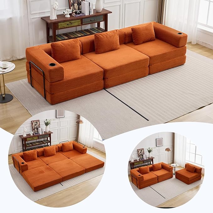 118" Oversized Convertible Floor Sofa Bed, Boneless Foldable Mattress Cloud Couch with Pillow Back & Armrest, Fold Out Floor Couch with Cup Holder for Living Room Bedroom Lounge, Corduroy, Orange
