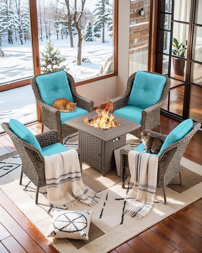 ACTREST Outdoor Patio Chairs with Fire Pit Table 5 Piece Set - High Back Brown Wicker Rattan Lawn Chair with Thick Cushion for Porch Apartment Deck Yard Poolside Garden - Turquoise