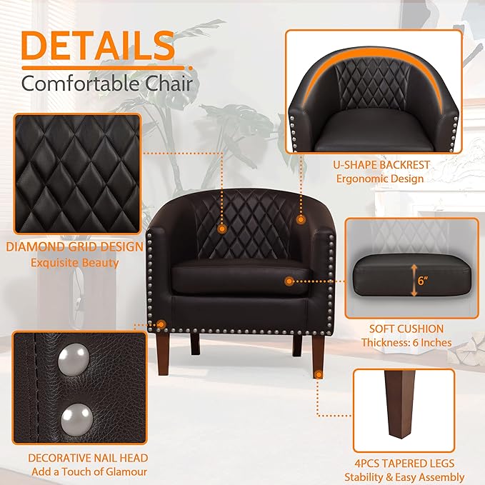 PrimeZone Barrel Chair, Comfy Accent Chair, Faux Leather Living Room Chairs Club Chair with Cushion, Nailhead Trim and Diamond Mesh Backrest, Reading Chair for Bedroom Waiting Room Office, Brown