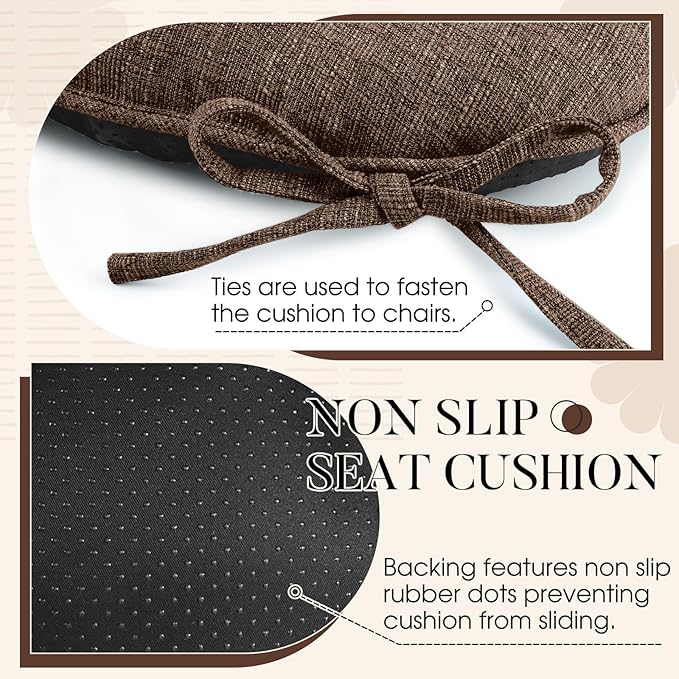 Basic Beyond Chair Cushions for Dining Chairs 6 Pack, Kitchen Chair Cushion with Ties and Non Slip Backing, 15.5 x 15.5 inches Tufted Chair Pads for Dining Chairs, Brown