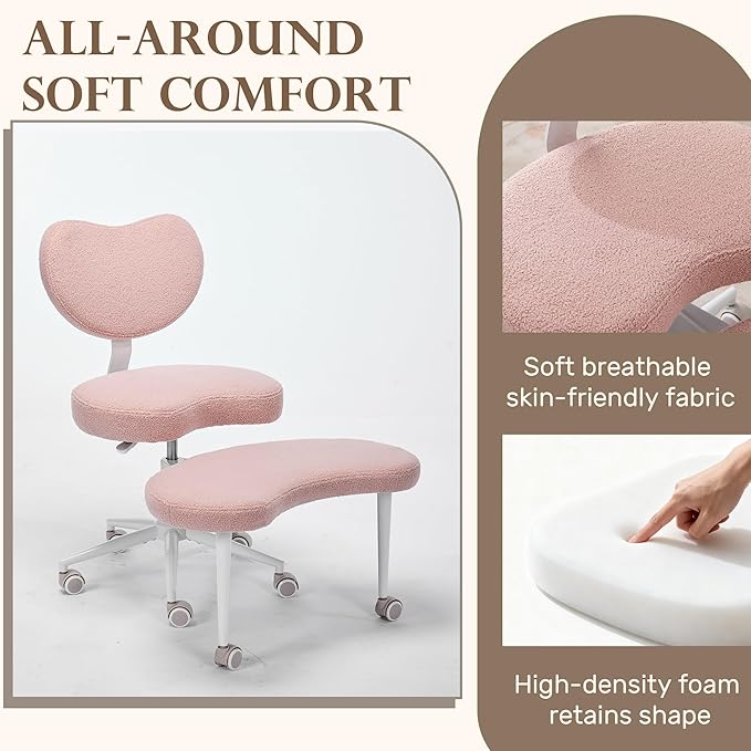 Cross Legged Chair, Meditation Chair Plus with 360° Swivel Wheels for ADHD/Fidgety Sitters, Height Adjustable & Ergonomic Lumbar Support, Teddy Fabric, Pink Home Office Furniture