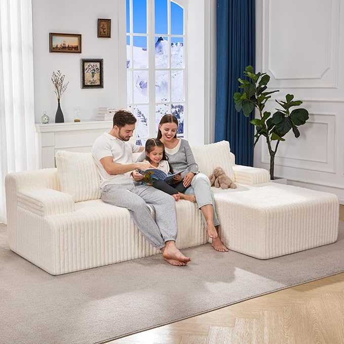 Modular Sectional Sofa Couches L-Shape Couch 3 Seat Modular Sofa Memory Foam Sectional Couches for Living Room, Cloud Couch with Oversized Chaise (White Stripe, 96" Right Facing Chaise)