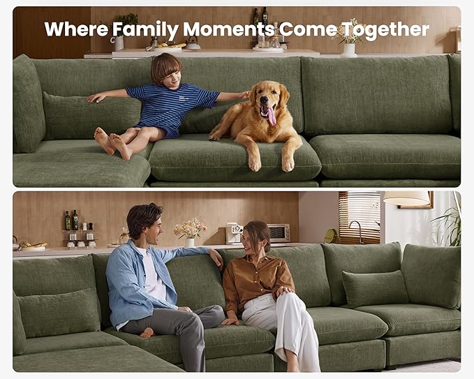 Oversized Modular Sofa, Extra Deep Cloud Chenille Sectional Couch with Ottoman Chaise, Fluffy Chenille 2 Seater Sofa Bed for Living Room, Villa (Sofa Bed 4 Seater, Chenille Green)