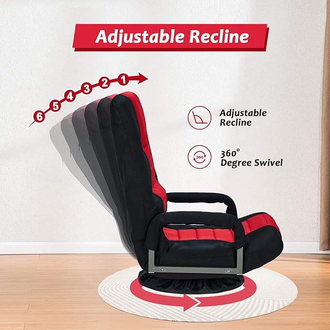 360° Swivel Chair 6 Adjustable Positions Backrest with Armrest Foldable Floor Chairs Suitable for Reading, Relaxing, Mediation,Red