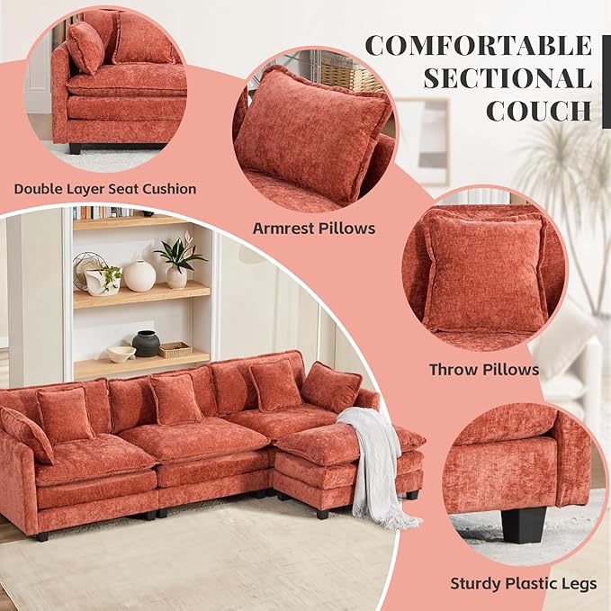 SoarFlash 113.78" Chenille Sectional Sofa, Comfy L Shaped Modular Coush Sofa with Ottoman, Modern 4 Seat Couch Deep Seat Sofa Set for Living Room,Black