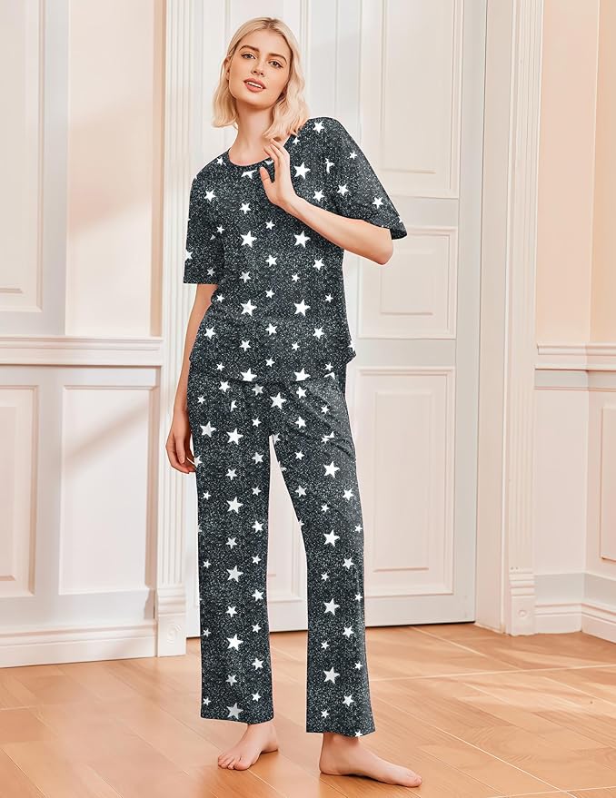 Ekouaer 2 Pack Womens Pajama Sets Short Sleeve Tops and Long Pants Casual Comfy Pjs Lounge Set with Pockets,S-XXL