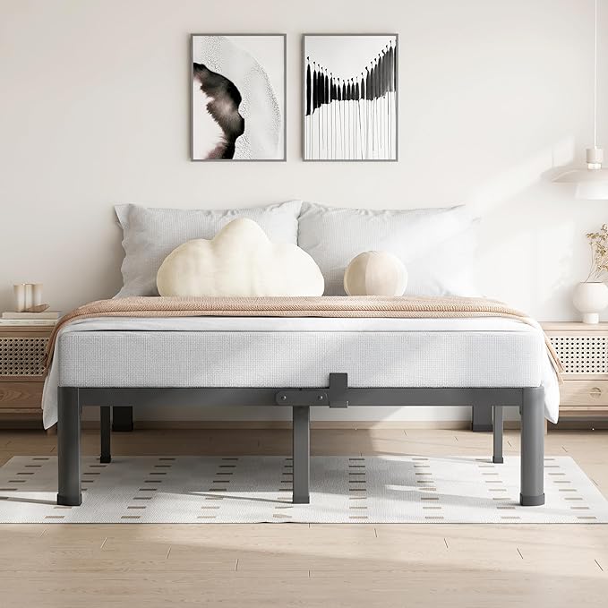 VIPSHOW 7 Inch Queen Bed Frame, 3500Lbs Heavy Duty Metal Platform with Round Corner Legs Mattress Slide Stopper, Steel Slat Support No Box Spring Needed, Noise Free, Non-Slip, Easy Assembly