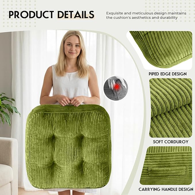 11In Washable Floor Pillow for Adults, Yoga & Meditation Cushion with Handle, Square Large Pillows Seating with Removable Tufted Corduroy Cover for Tatami Living Room Board Games, Green