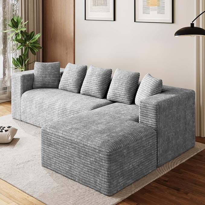 Modular Sectional Sofa, 107" L Shaped Cloud Couch Plush Corduroy Deep Seat Boneless Sofas with 5 Pillows Long Chaise Lounge Couches Memory Foam for Living Room - Grey, Right Facing Chaise