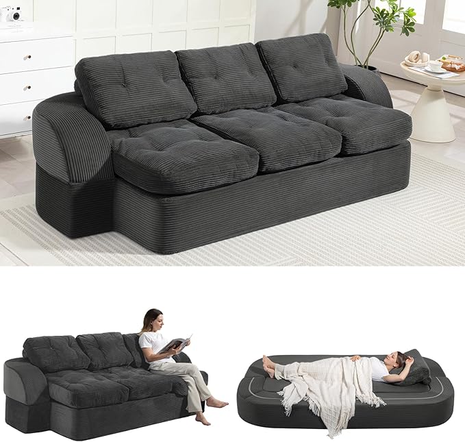 MeMoreCool Convertible Floor Sofa Couch – 3-Seater Sleeper with Tufted Cushions, Dark Grey Corduroy Modular Foam | Cloud Couch for Living Room & Bedroom | No Assembly | Soft Ergonomic Support