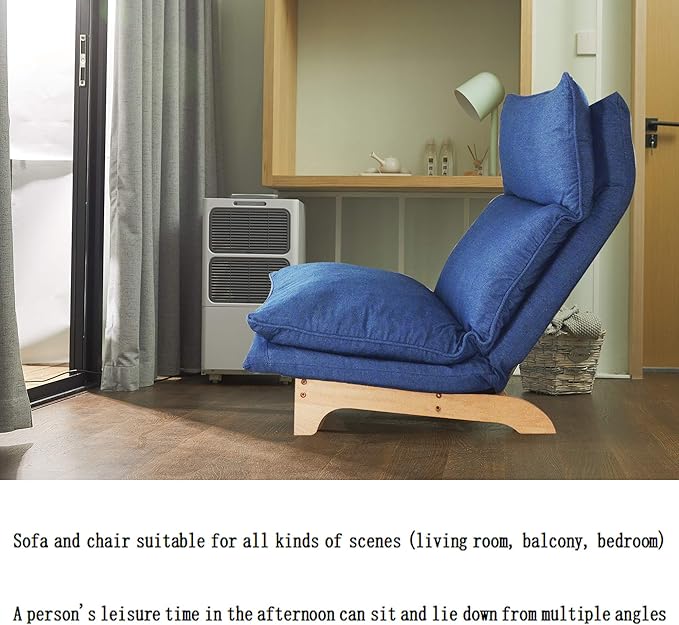 Floor Chair Single Lazy Sofa Leisure Balcony Reclining Japanese Tatami Adjustable Recliner with Ottoman for Living Room, Bedroom, Indoor Use (Stacked Footstool, Blue)