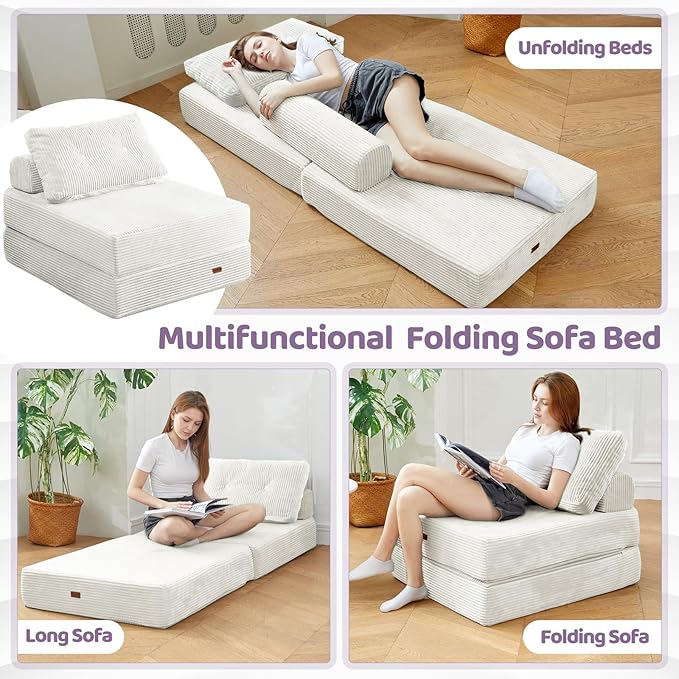 Fold Out Chair Bed, Floor Sofa Bed with High-Density Foam and Pillow Backrest,Portable 3 in 1Folding Chair Bed for Living Room、 Bedroom 、Balcony 、Hotel、 Apartment, Single, Creamy Apricot