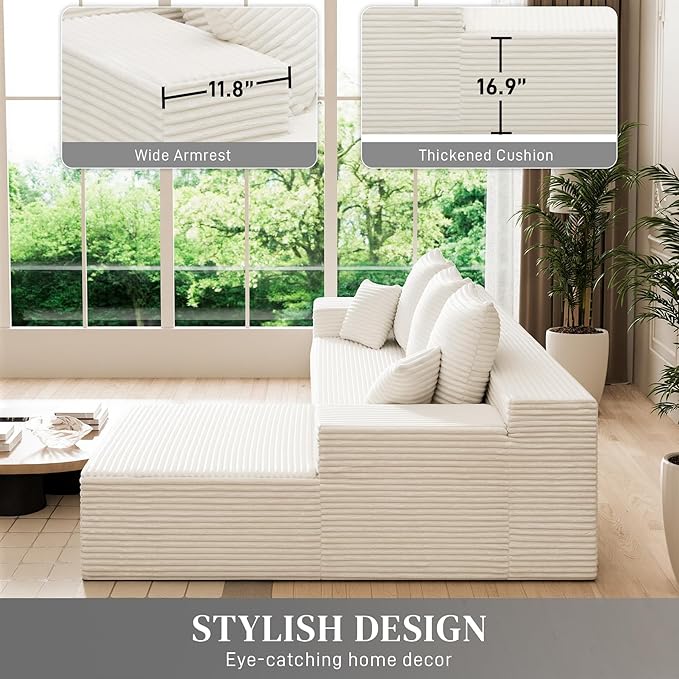 HYJT-H&K Modular Sectional Sofa Cloud Sectional Couch, 107" Comfy Fluffy L Shaped White Couches for Living Room Deep Seat Memory Foam Plush Corduroy Boneless Couch Sectionals Right Facing Chaise Sofa