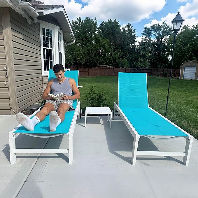 PURPLE LEAF Outdoor Chaise Lounge Set Elderly-Friendly Straight Legs Adjustable Sunbathing Recliner with Side Table for Back Support Poolside Beach Patio Lounge Chairs Blue 2 Sets