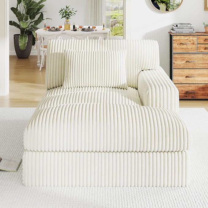 Oversized Chaise Lounge Sofa Chair Indoor，Soft Corduroy Fabric, Boneless sofawith Cushion，A Comfortable, deep-Seated Cloud Sofa for use in The Living Room.(Singler-Right-arm-White)