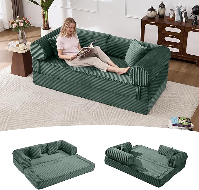 Tbfit 79'' Folding Boneless Couch, Oversized Corduroy Convertible Sofa Bed, Futon Mattress Sleeper Sofa, Comfy Foldable Upholstered Floor Couches for Living Room, Dark Green