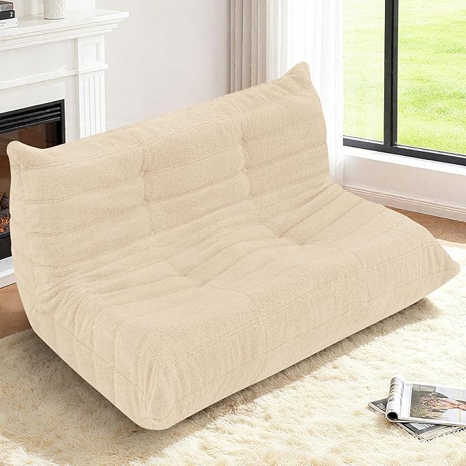 HABUTWAY Bean Bag Chairs Fireside Lazy Floor Sofa, Soft Teddy Fleece 2 Seater Sofa with High-Resilience Foam Filling，Beanbag for Living Room, Bedroom, Office (Khaki Teddy)