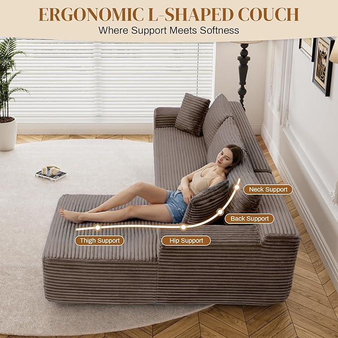 95" Boneless Cloud Sectional Couches for Living Room, Comfy Fluffy L Shaped Memory Foam Deep Seat Boneless Couch, Modular Sectional Sofa with Left Facing Chaise, Brown