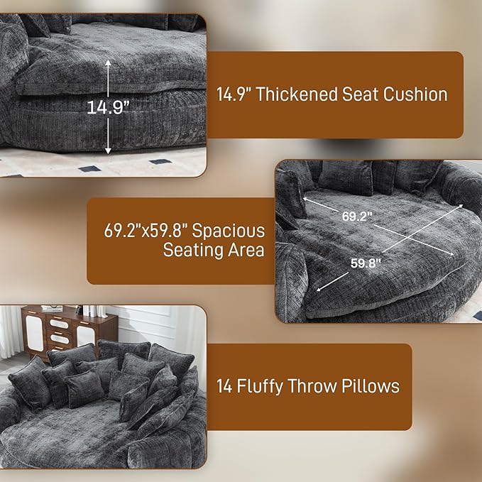 81" Oversized Bean Bag Chair Boneless Round Chaise Lounge Comfy Chenille Reading Chair Fluffy Plush Sofa Bed Large Deep Seat Circle Cloud Couch for Living Room, Bedroom, Apartment, Dark Gray
