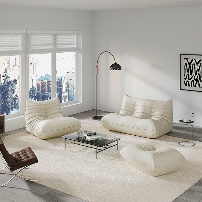 Comfy Lazy Floor Sofa Couch,Soft Armless Chair,Faux Leather Lounge Chair,Corner Relax Sofa Couch for Living Room Bedroom,Salon Office,Adults(Cream White)