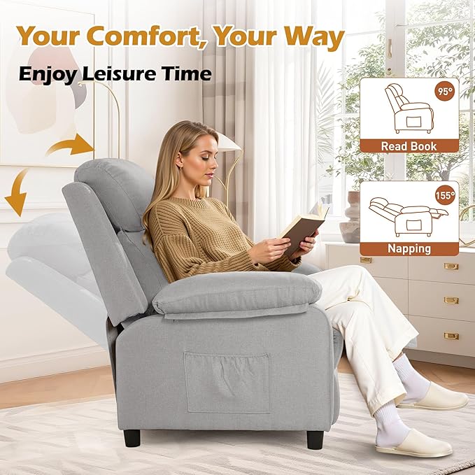 Recliner Chair, Living Room Chairs for Adults, Padded Deep Seat Reading Chair with Side Pockets, Small Recliners for Small Spaces, Lounge Chair for Living Room, Bedroom, and RV (Linen)