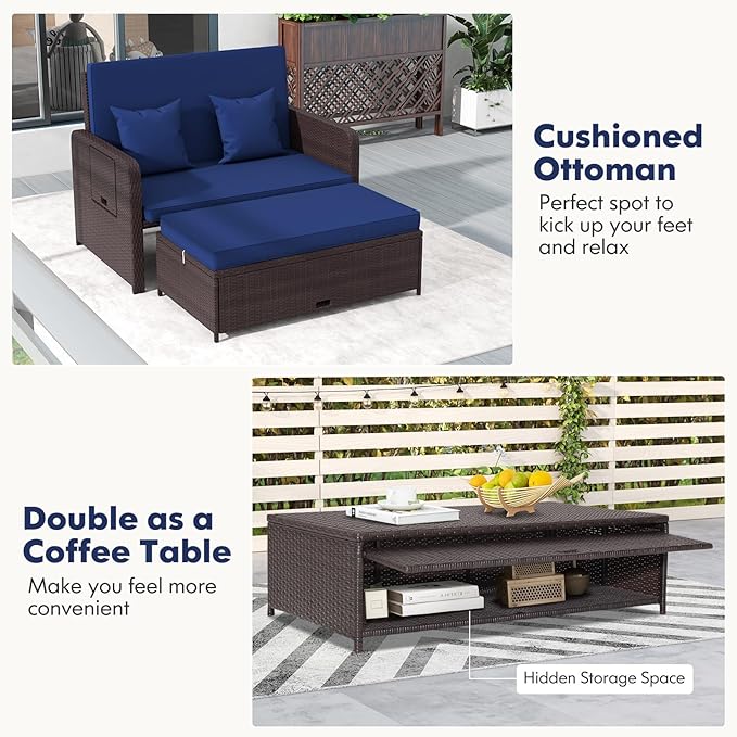 RELAX4LIFE Wicker Patio Outdoor Daybed - Rattan Day Bed Lounger with Loveseat & Storage Ottoman, Sunbed Sofa Set w/Cushions, 4-Level Adjustable Backrest & 2 Retractable Trays, Patio Daybed (Navy)