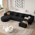 134" Boneless Couches for Living Room,Modular Sectional Sofa with Ottoman,Cloud Couch in a Box,Sponge Compression U Shaped Sofas with Chaise No Assembly Required,Black,1pcs