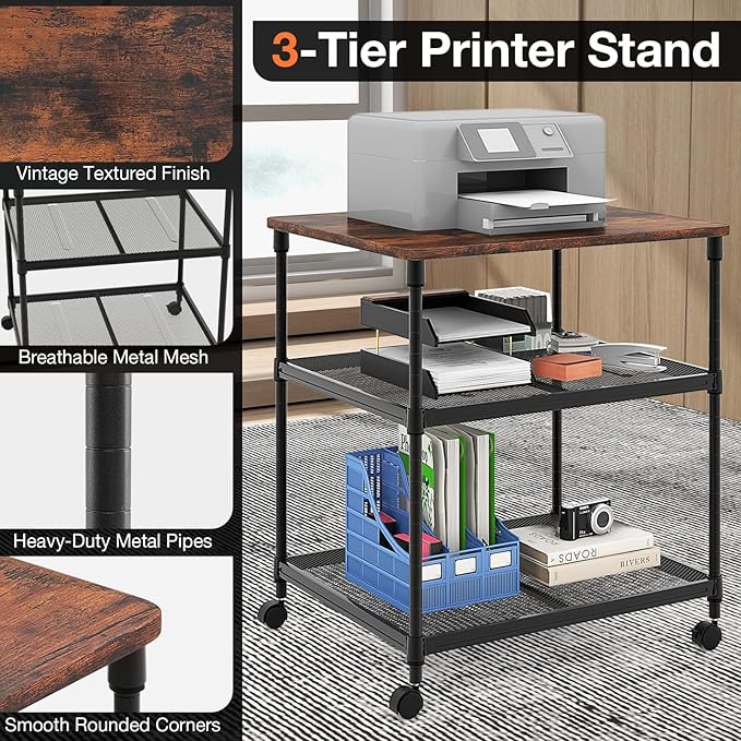 Giantex Printer Stand, 3-Tier Industrial Printer Cart with Lockable Wheels, Adjustable Shelves, Metal Frame, Mobile Under Desk Shelf for Home Office, Printer Table Fit Fax Machine, Scanner (Brown)