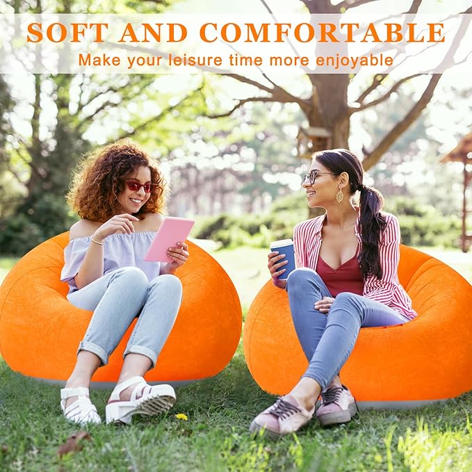 Realspring 2 Pcs Inflatable Bean Bag Chairs with Electric Air Pump Outdoor Blow up Chair Inflatable Lazy Sofa Folding Portable Loungers Couch for Living Room Bedroom(Orange)