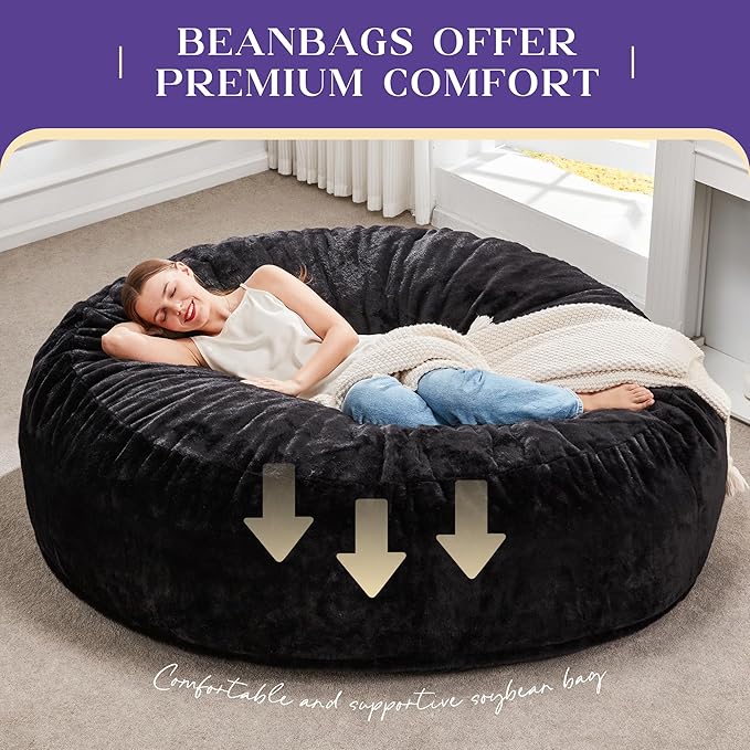 Hobestluk Bean Bag Chairs Giant Beanbag Chair with Filler, Memory Foam Bean Bags with Fluffy & Machine Washable Cover, Bean Bag Chairs for Aduts for Living Room, Bedroom (BLACK, 6FT - 70" x 70" x 15")